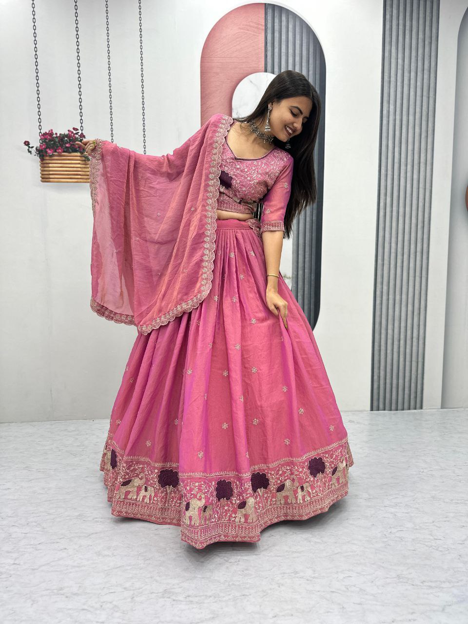 Heavy Thread Embroidery Moss Shimmer Fabric Lehenga Choli with Dupatta