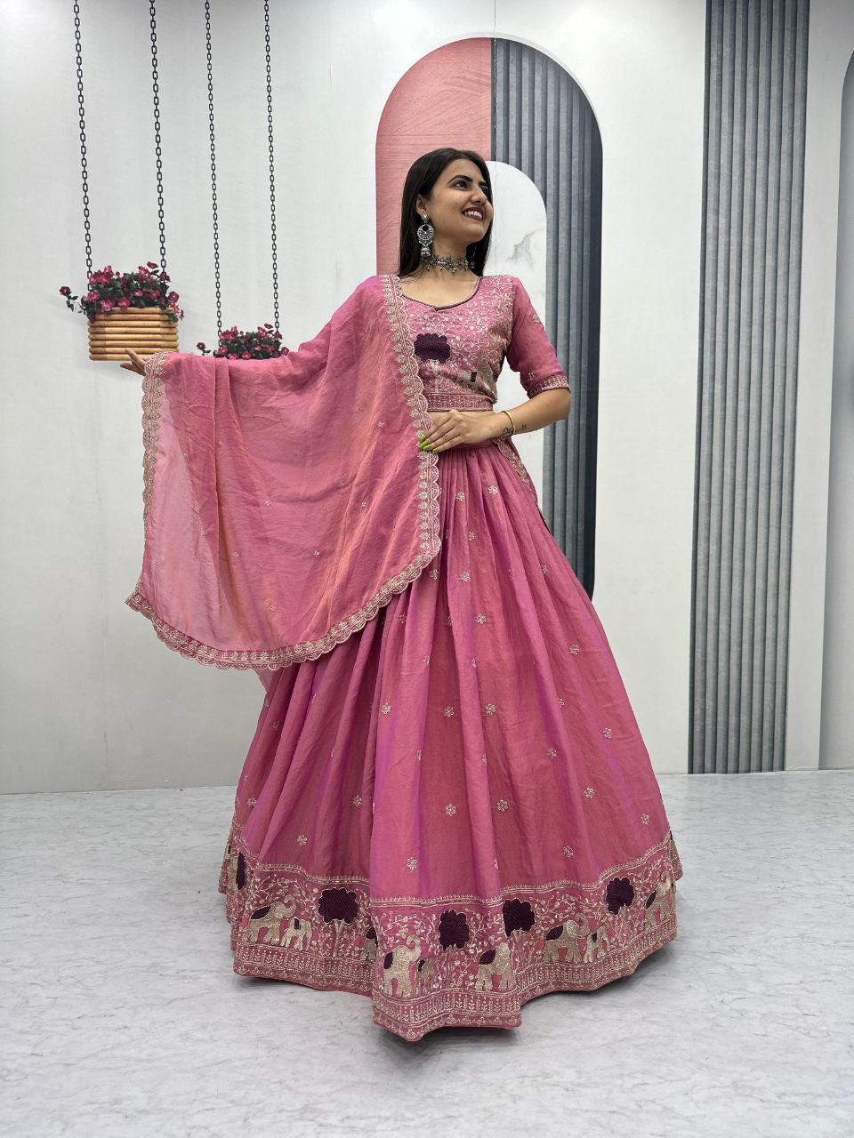Heavy Thread Embroidery Moss Shimmer Fabric Lehenga Choli with Dupatta