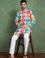 Multi Color Print with Embroidered Kurta and Pajama for Men