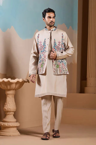 Elegant Fashionable Beige Koti Kurta Set for Mens Wear