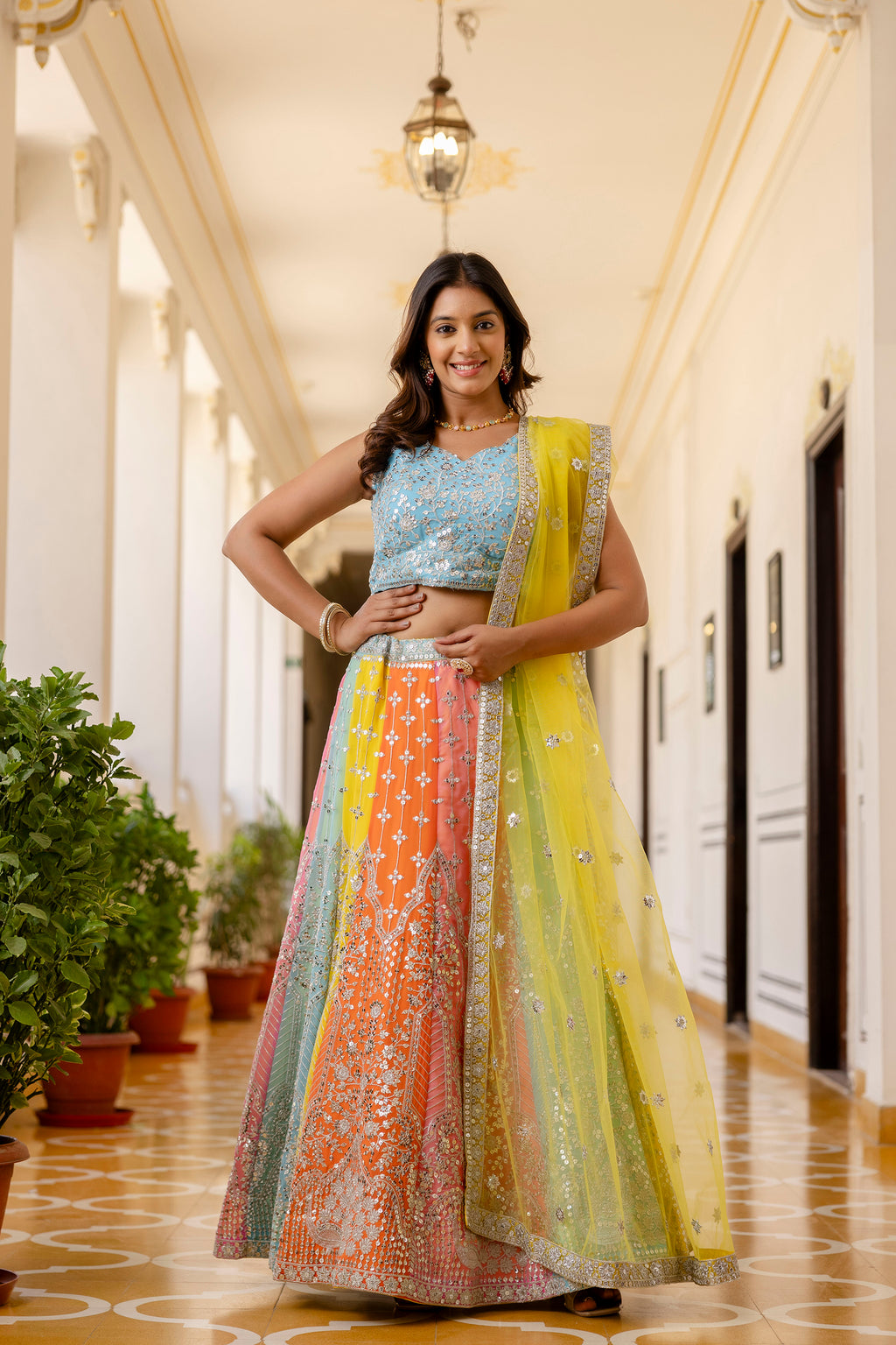 Multi Color Faux Georgette Embroidered Lehenga Set for Special Occasions

