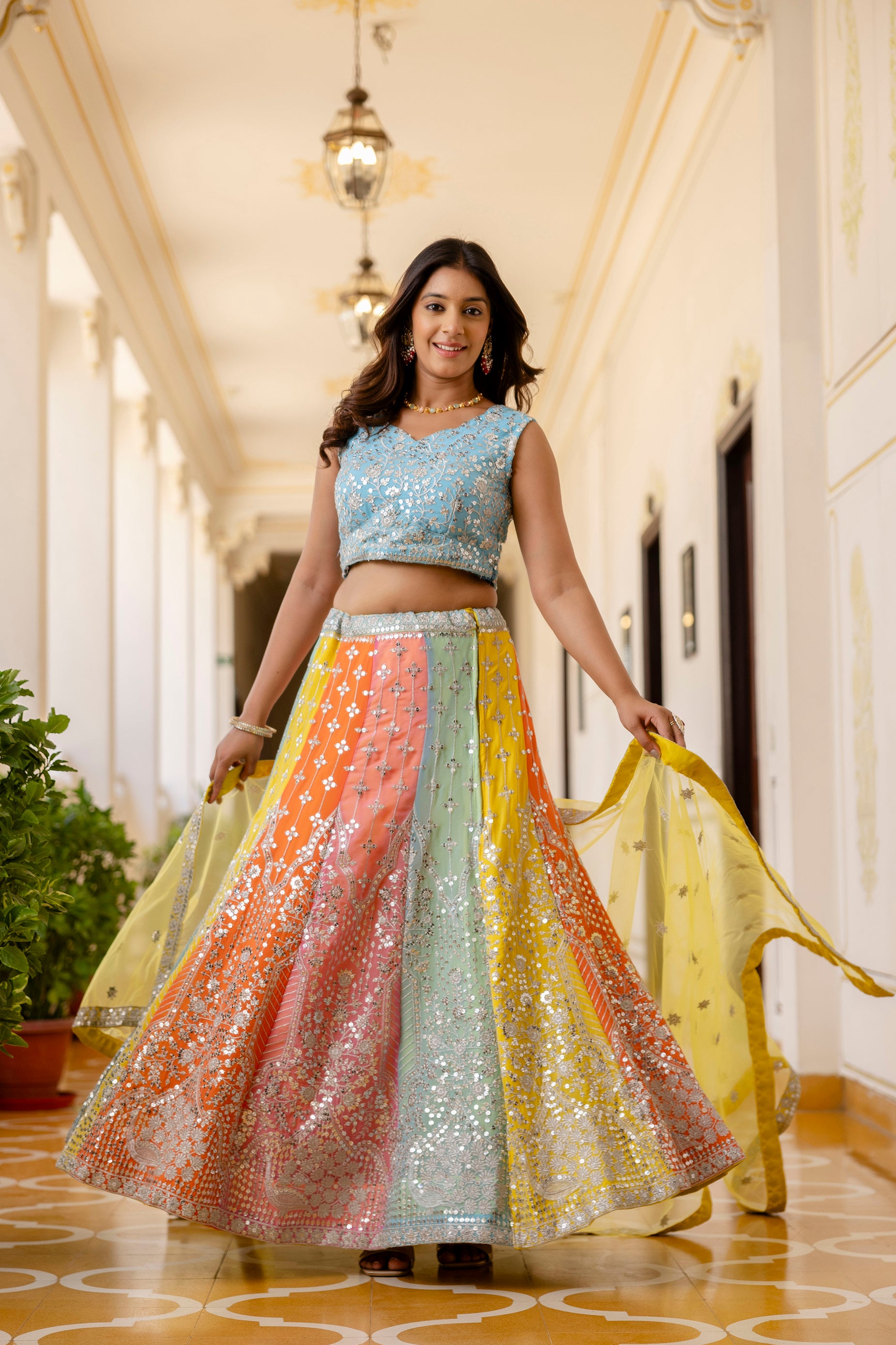 Multi Color Faux Georgette Embroidered Lehenga Set for Special Occasions
