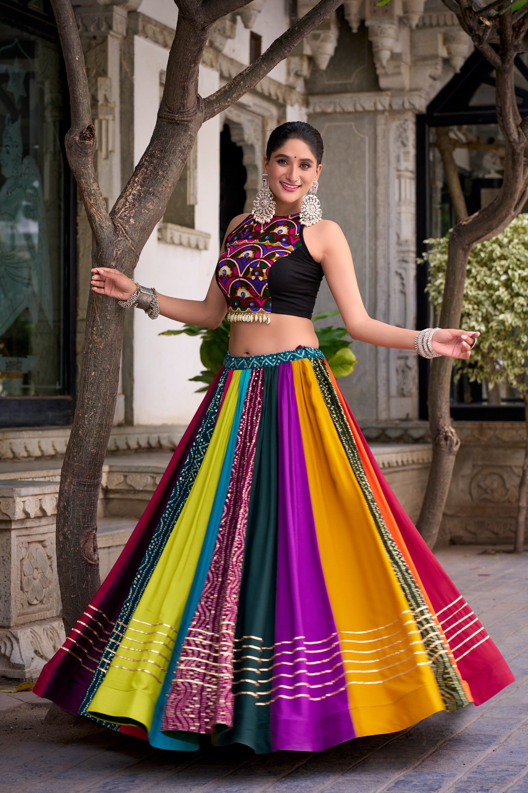 Garba Special Rainbow Printed Rayon Mirror Work Lehenga with Blouse
