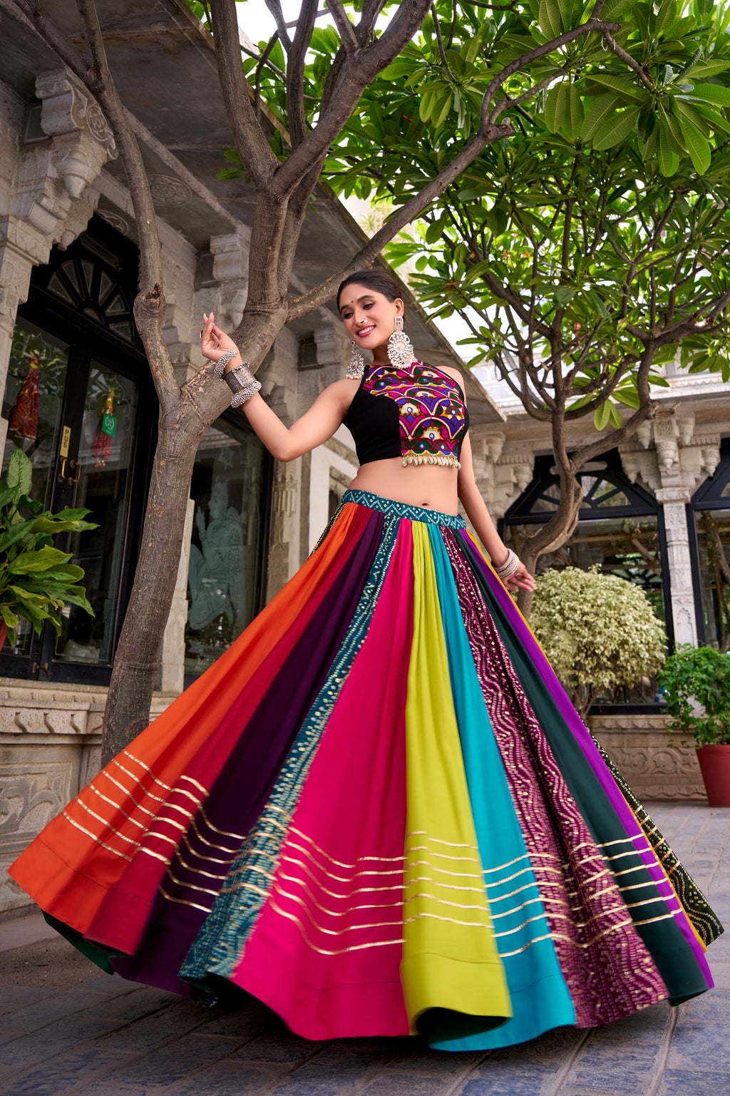 Garba Special Rainbow Printed Rayon Mirror Work Lehenga with Blouse
