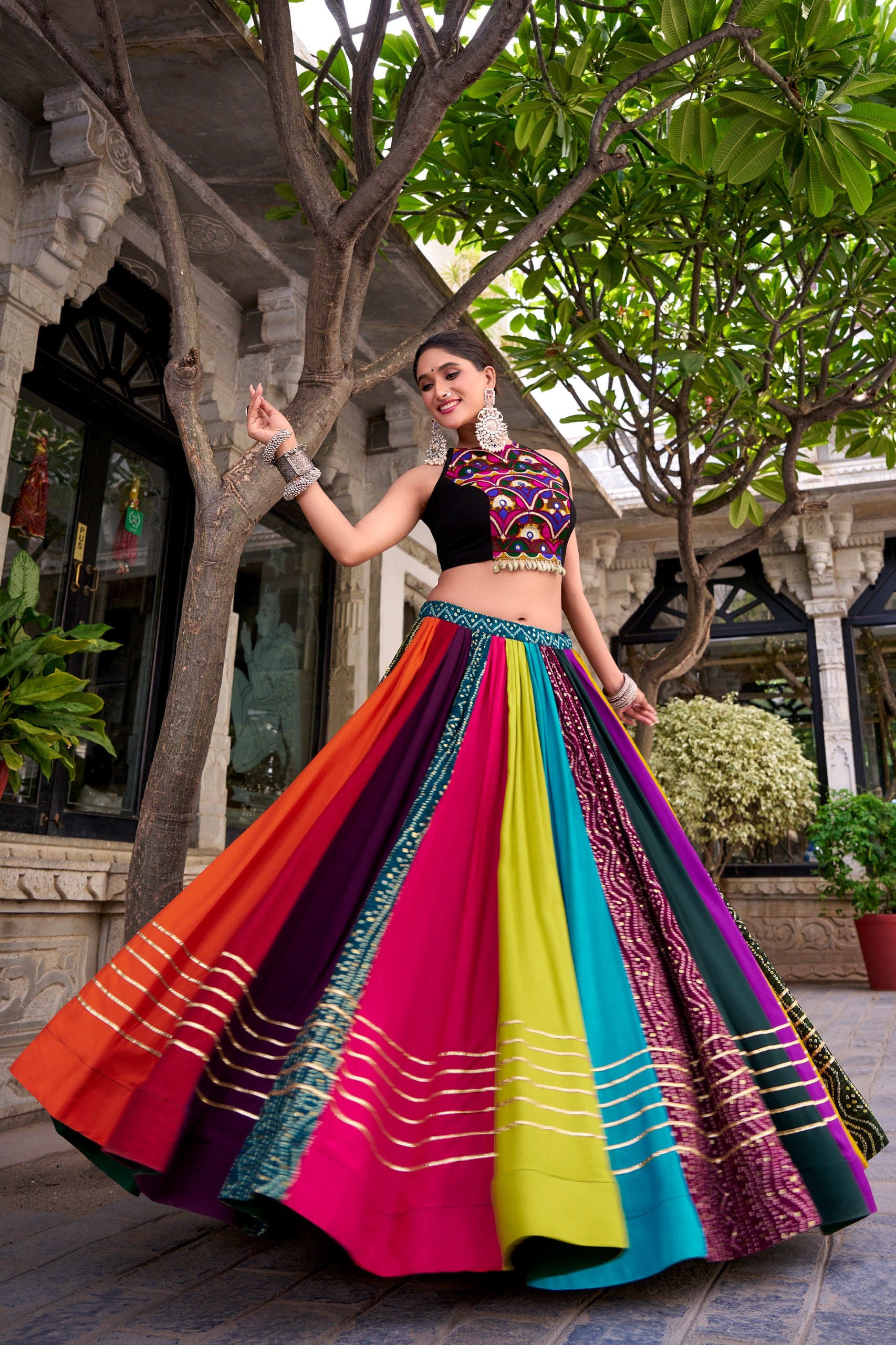 Garba Special Rainbow Printed Rayon Mirror Work Lehenga with Blouse
