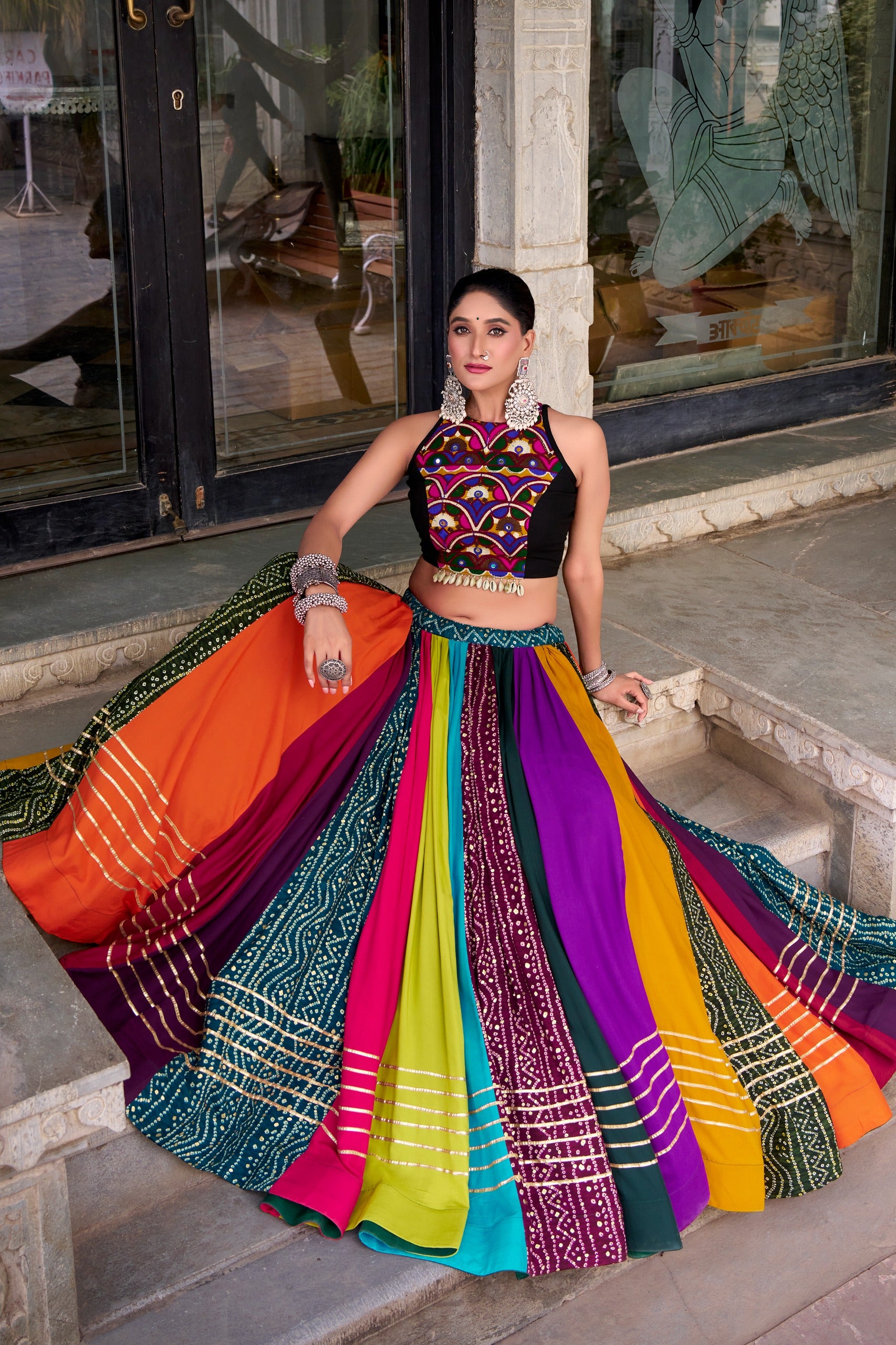 Garba Special Rainbow Printed Rayon Mirror Work Lehenga with Blouse
