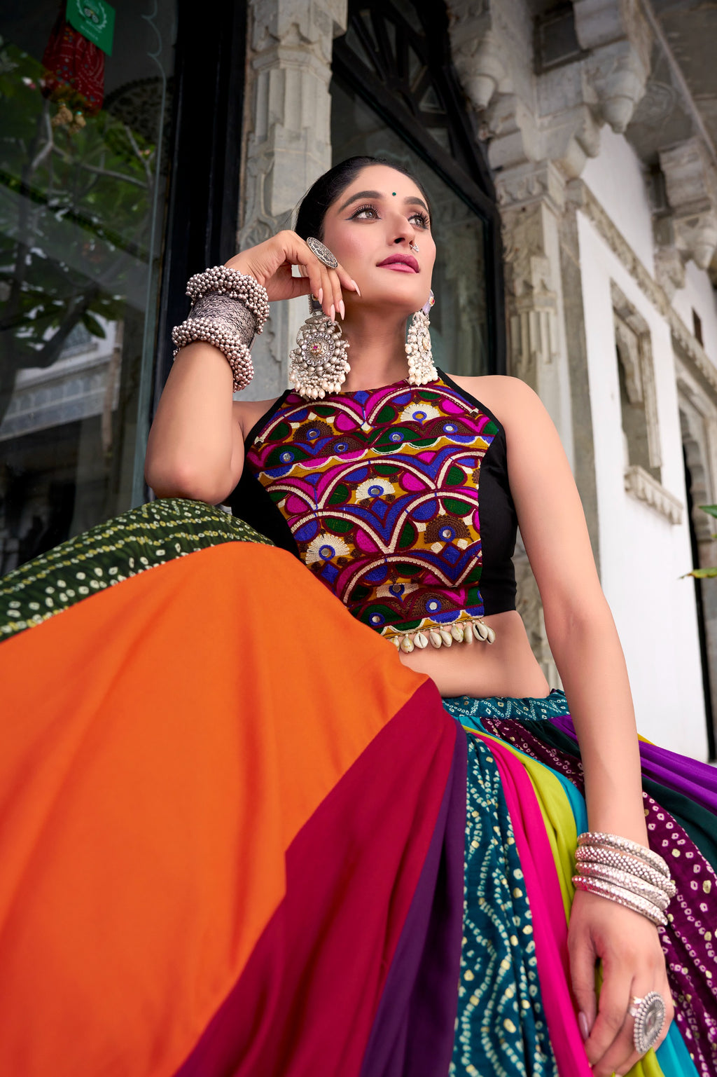 Garba Special Rainbow Printed Rayon Mirror Work Lehenga with Blouse
