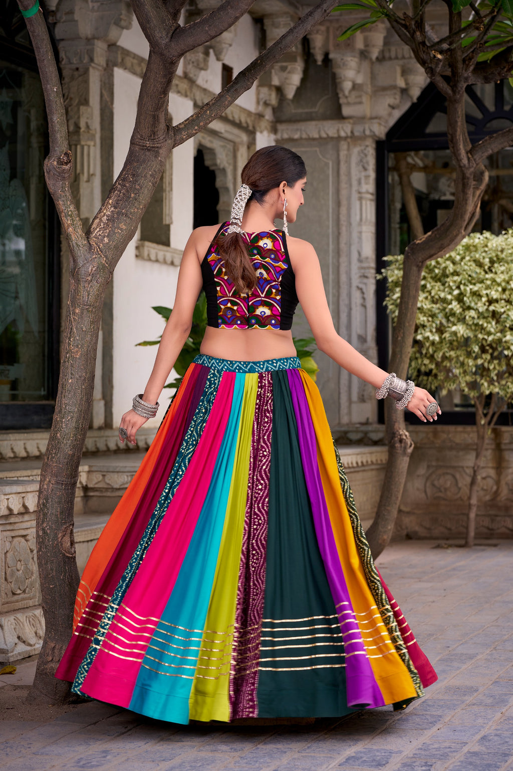 Garba Special Rainbow Printed Rayon Mirror Work Lehenga with Blouse
