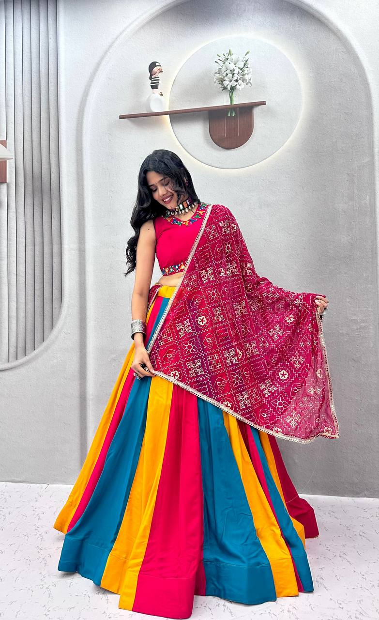 Designer Multi Color Mirror Work Cotton Lehenga With Dupatta
