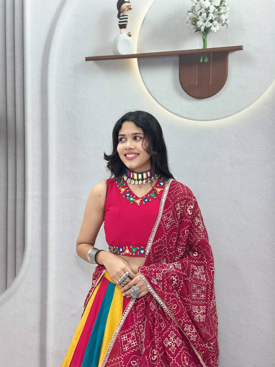 Designer Multi Color Mirror Work Cotton Lehenga With Dupatta
