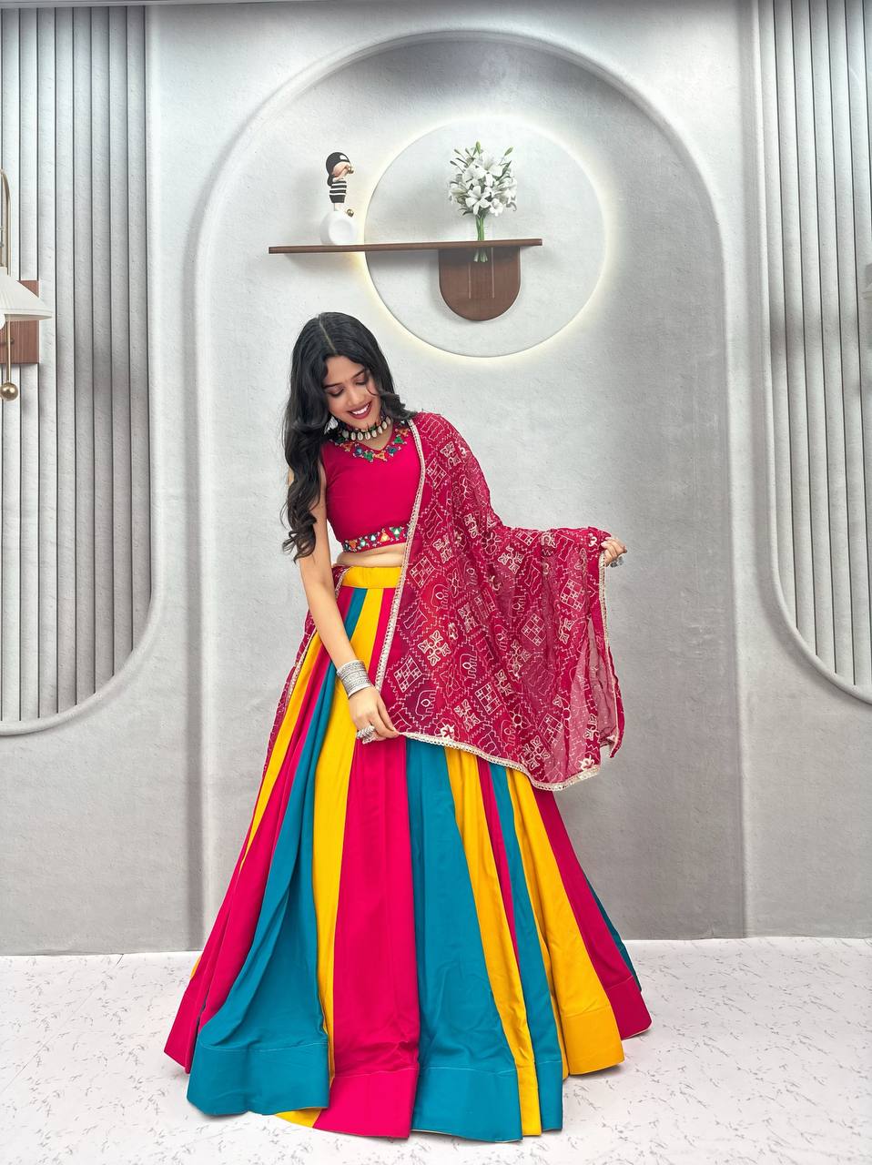 Designer Multi Color Mirror Work Cotton Lehenga With Dupatta
