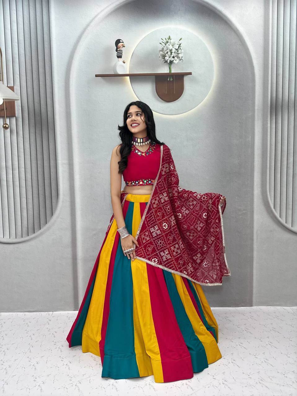 Designer Multi Color Mirror Work Cotton Lehenga With Dupatta
