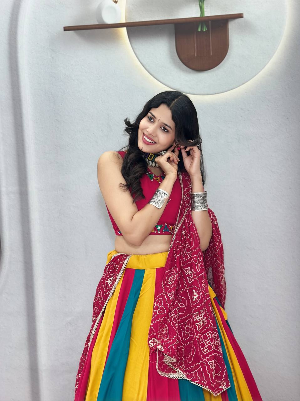 Designer Multi Color Mirror Work Cotton Lehenga With Dupatta
