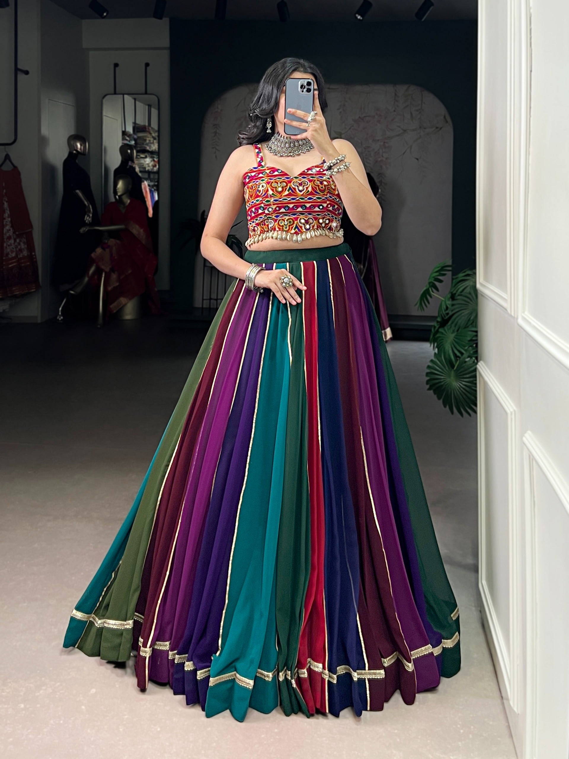 Dandiya Night Multi Color Cowrie Lace Gamthi Work Lehenga for Women
