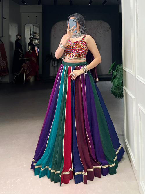 Dandiya Night Multi Color Cowrie Lace Gamthi Work Lehenga for Women
