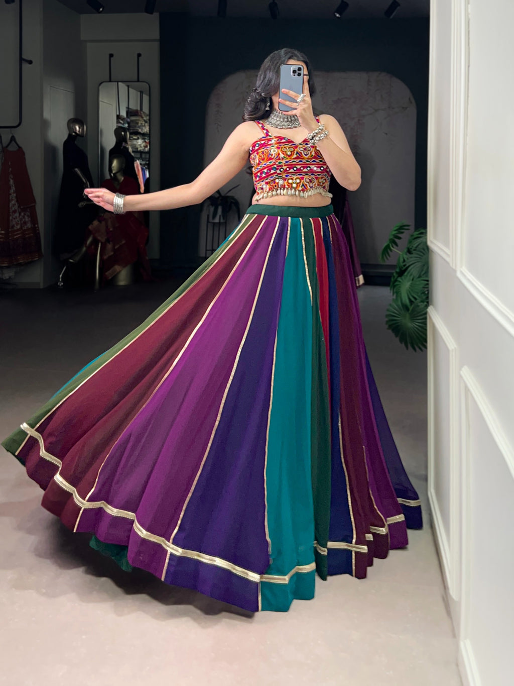 Dandiya Night Multi Color Cowrie Lace Gamthi Work Lehenga for Women
