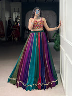Dandiya Night Multi Color Cowrie Lace Gamthi Work Lehenga for Women
