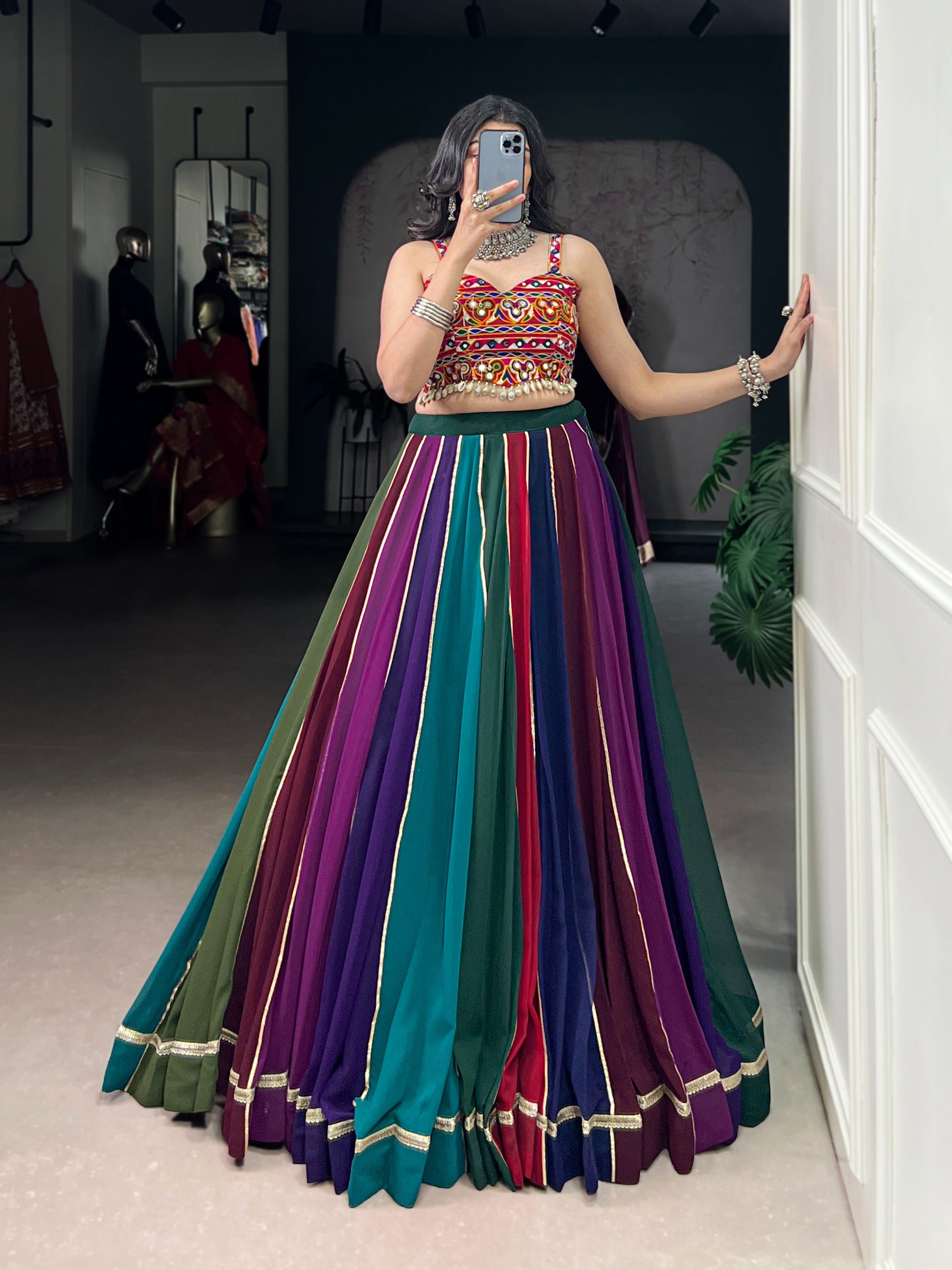 Dandiya Night Multi Color Cowrie Lace Gamthi Work Lehenga for Women
