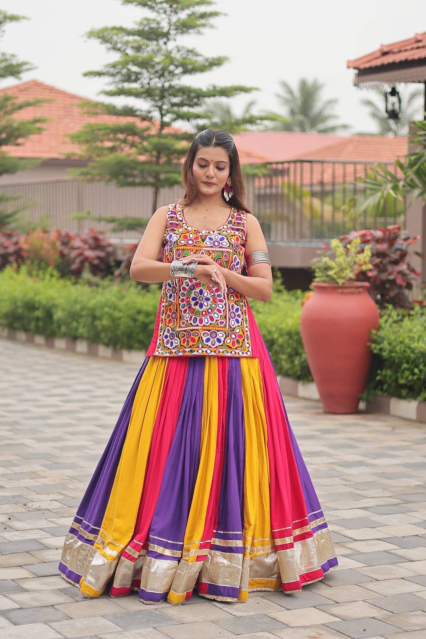 Royal Multicolor Cotton Gamathi Work Lehenga Choli For Dandiya Festival
