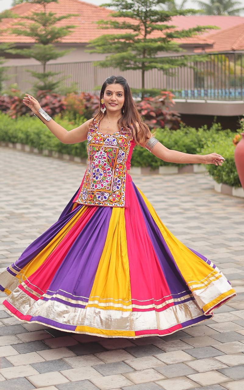 Royal Multicolor Cotton Gamathi Work Lehenga Choli For Dandiya Festival
