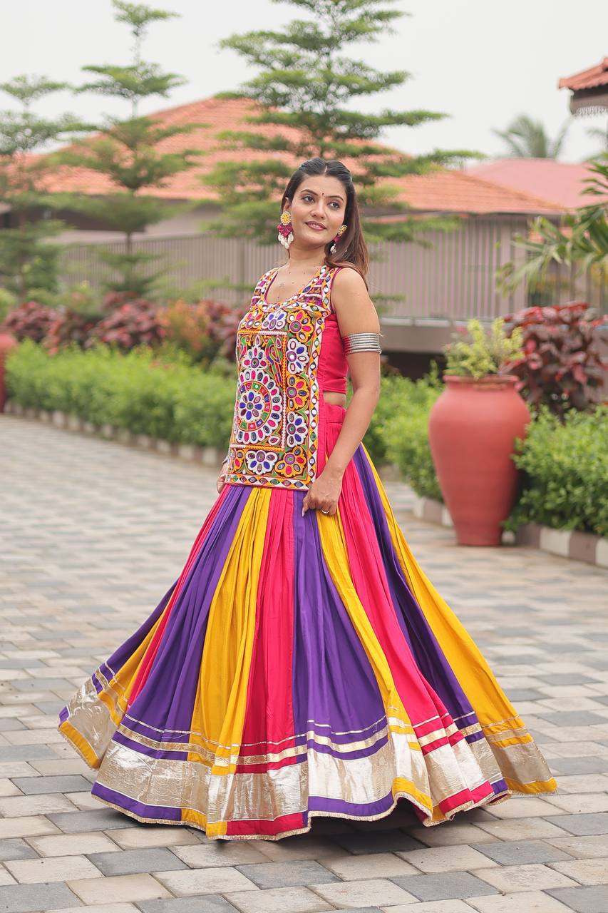 Royal Multicolor Cotton Gamathi Work Lehenga Choli For Dandiya Festival
