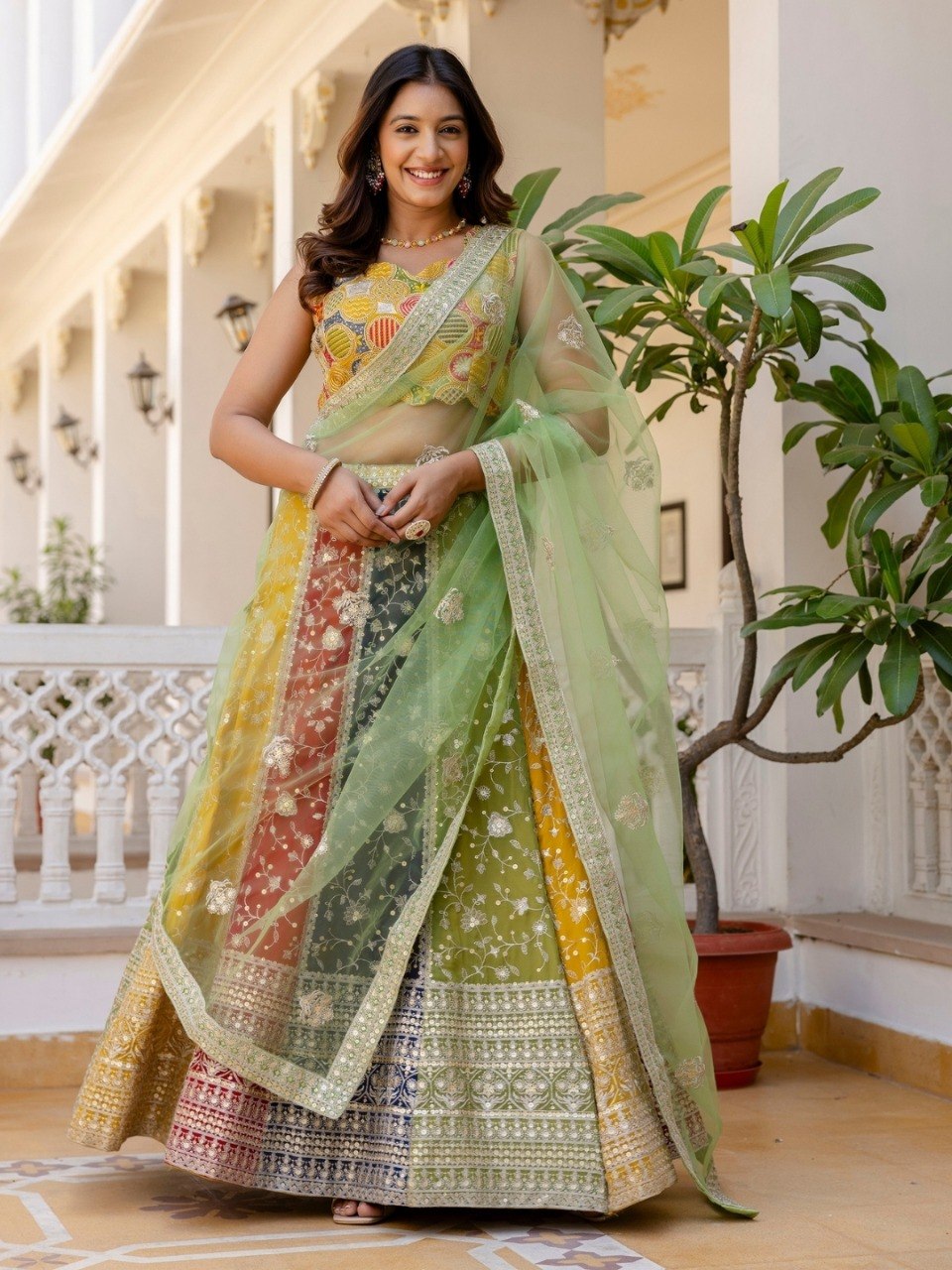 Grand Faux Georgette Designer Multicolor Lehenga Set with Net Dupatta
