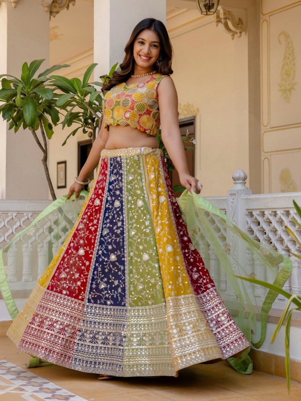 Grand Faux Georgette Designer Multicolor Lehenga Set with Net Dupatta
