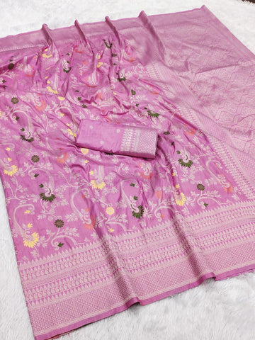 Panoply Baby Pink Pashmina Saree With Gossamer Blouse Piece
