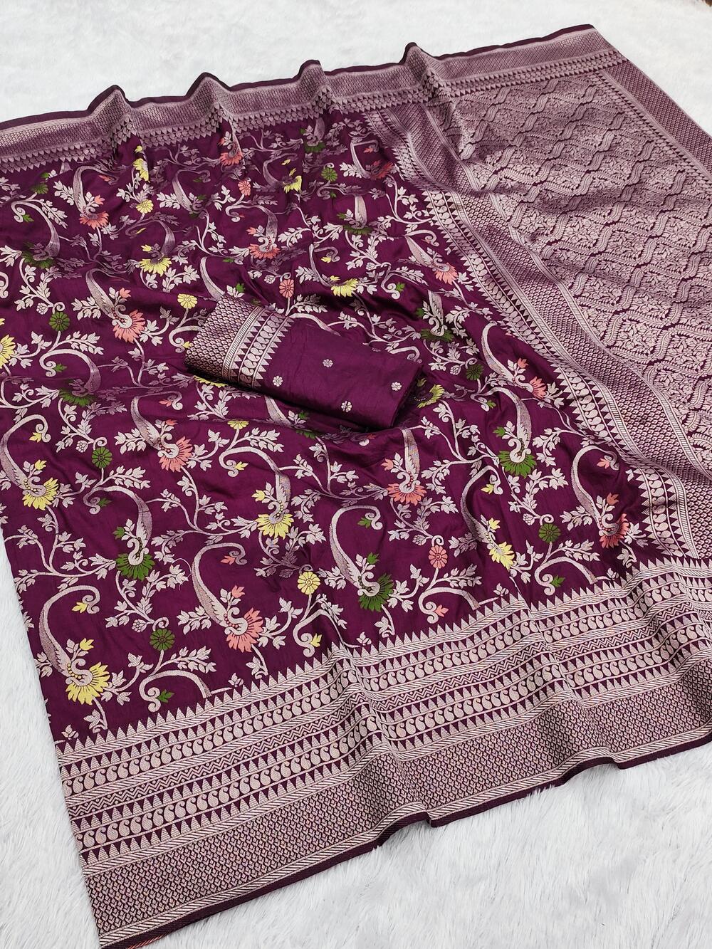 Hypnotic Wine Pashmina Saree With Beleaguer Blouse Piece