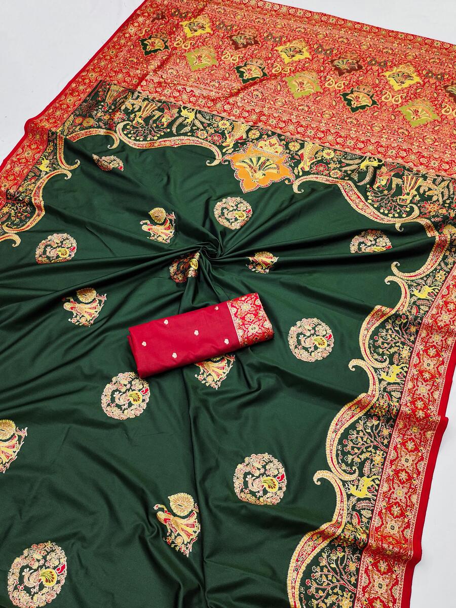 Aplomb Dark Green Pashmina Saree With Flaunt Blouse Piece