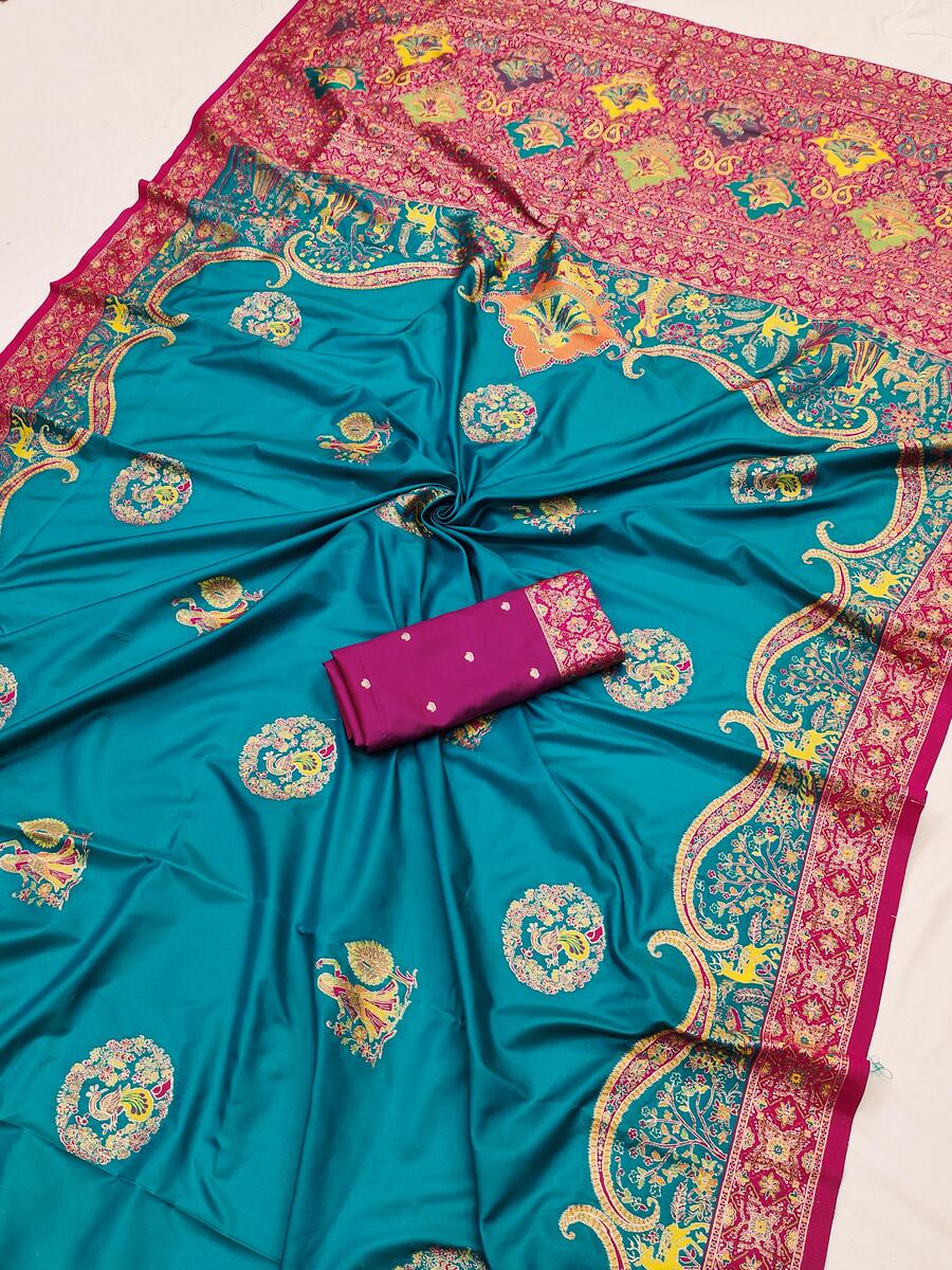 Evocative Firozi Pashmina Saree With Pleasant Blouse Piece