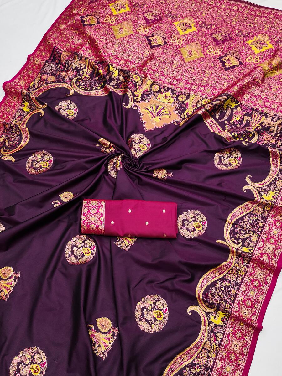 Entrancing Wine Pashmina Saree With Unequalled Blouse Piece