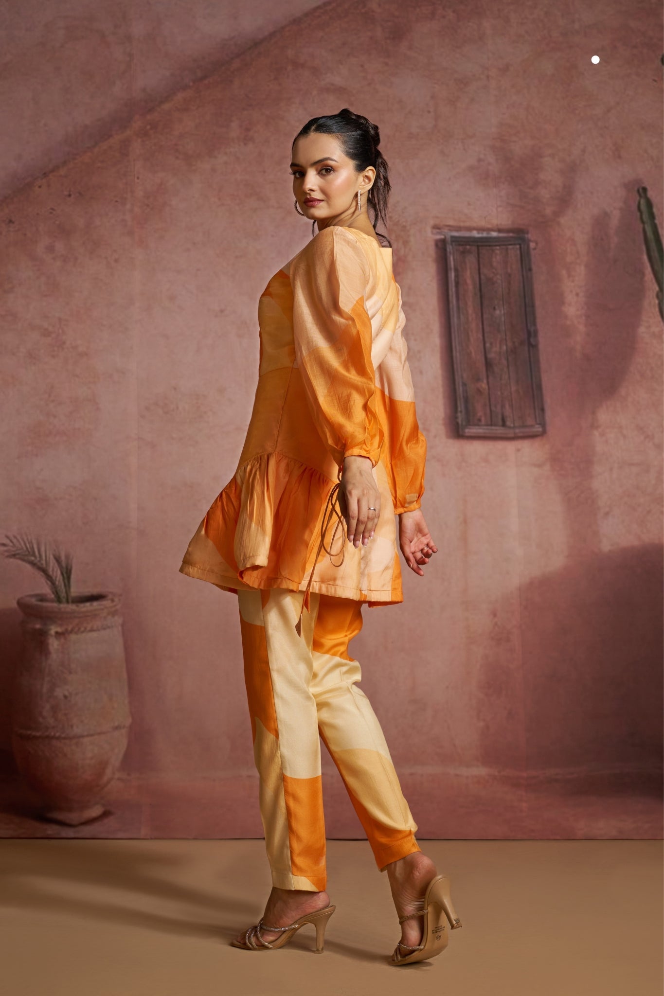 Luxury Pure Muslin Silk Abstract Orange Co Ord Set