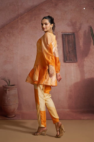 Luxury Pure Muslin Silk Abstract Orange Co Ord Set