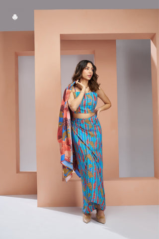 Aqua Blue Pure Muslin Silk Designer 3 Piece Set For Women