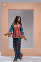 Luxury Muslin Silk Navy Blue Co Ord Set For Women