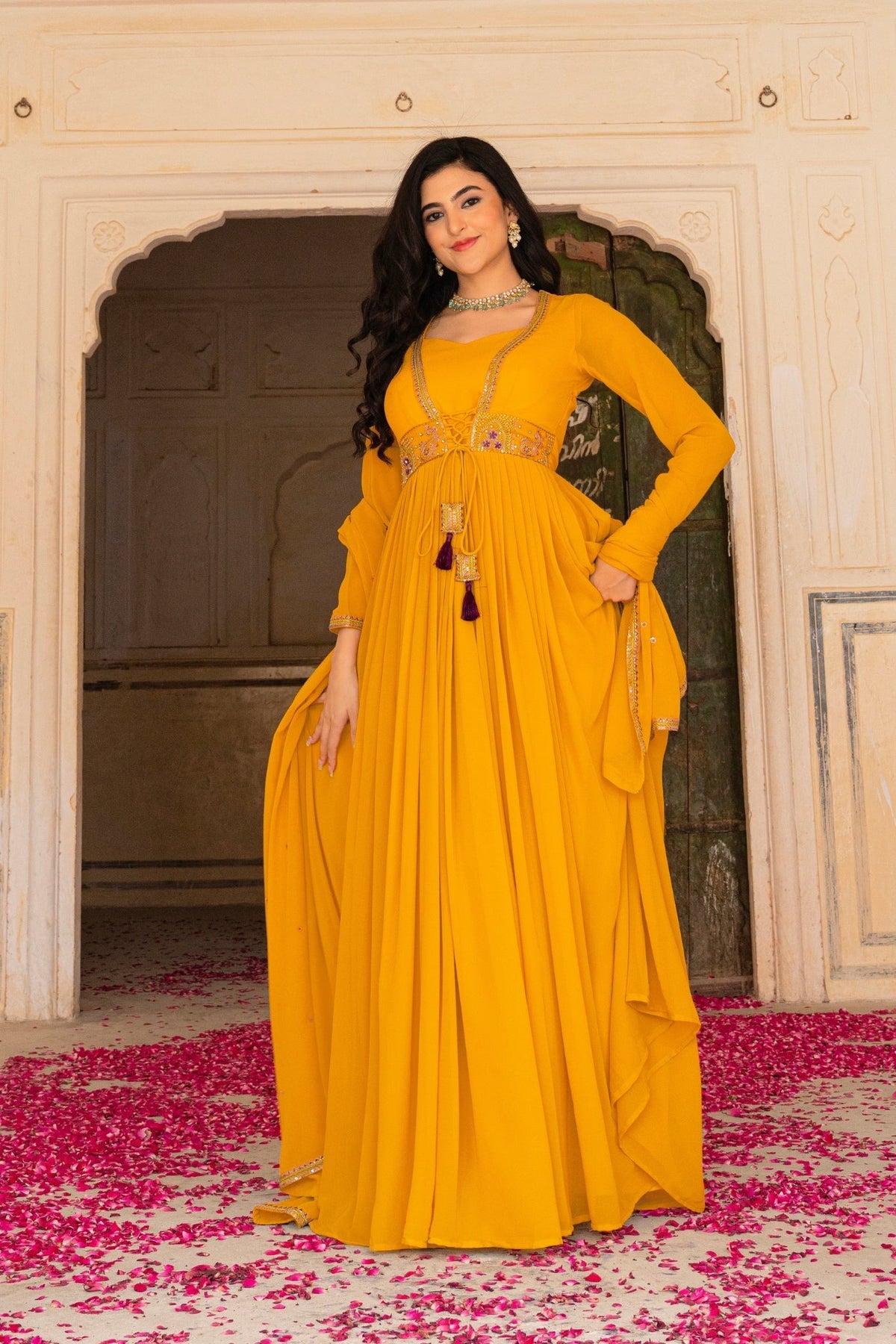 Regal Mustard Georgette Anarkali Adorned With Intricate Embroidery