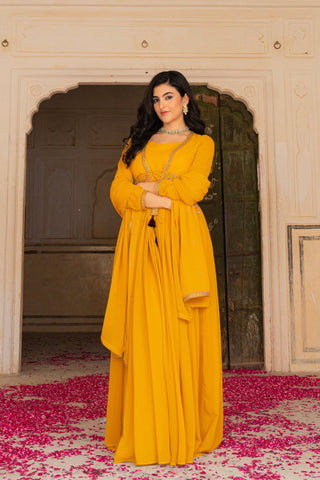 Regal Mustard Georgette Anarkali Adorned With Intricate Embroidery