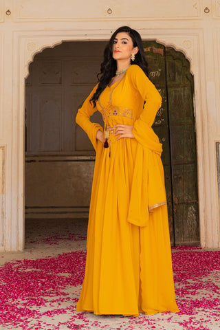 Regal Mustard Georgette Anarkali Adorned With Intricate Embroidery