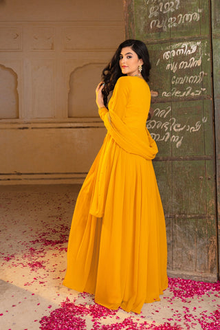 Regal Mustard Georgette Anarkali Adorned With Intricate Embroidery