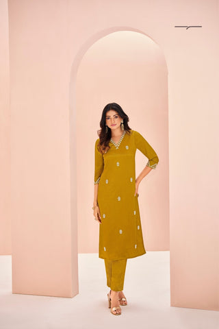 Rich Mustard Chinon Handwork Kurta Set