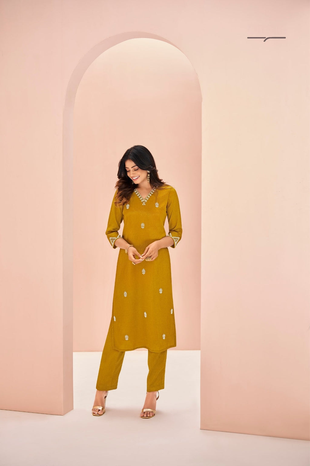 Rich Mustard Chinon Handwork Kurta Set