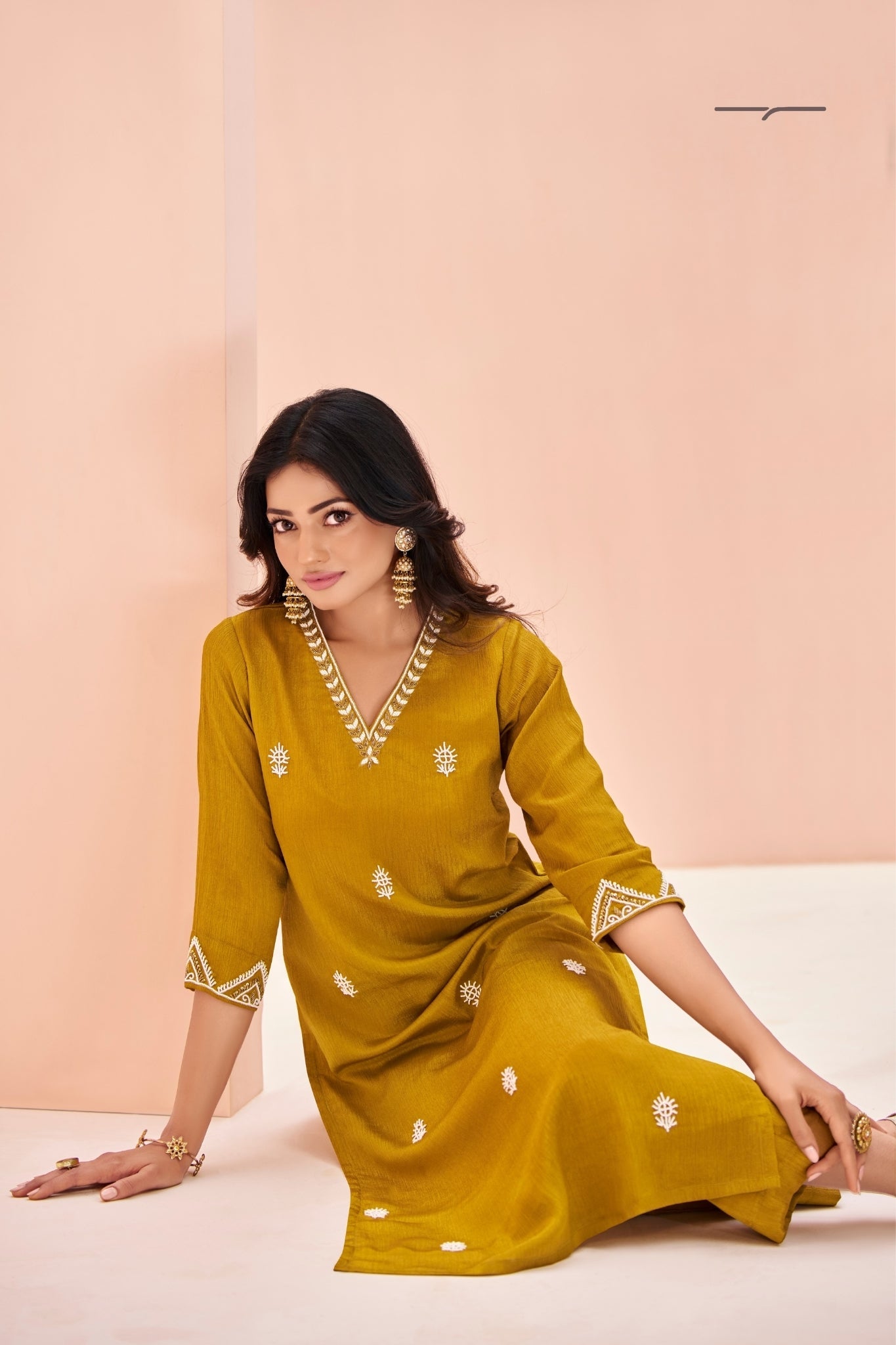 Rich Mustard Chinon Handwork Kurta Set