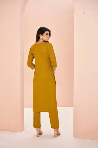 Rich Mustard Chinon Handwork Kurta Set