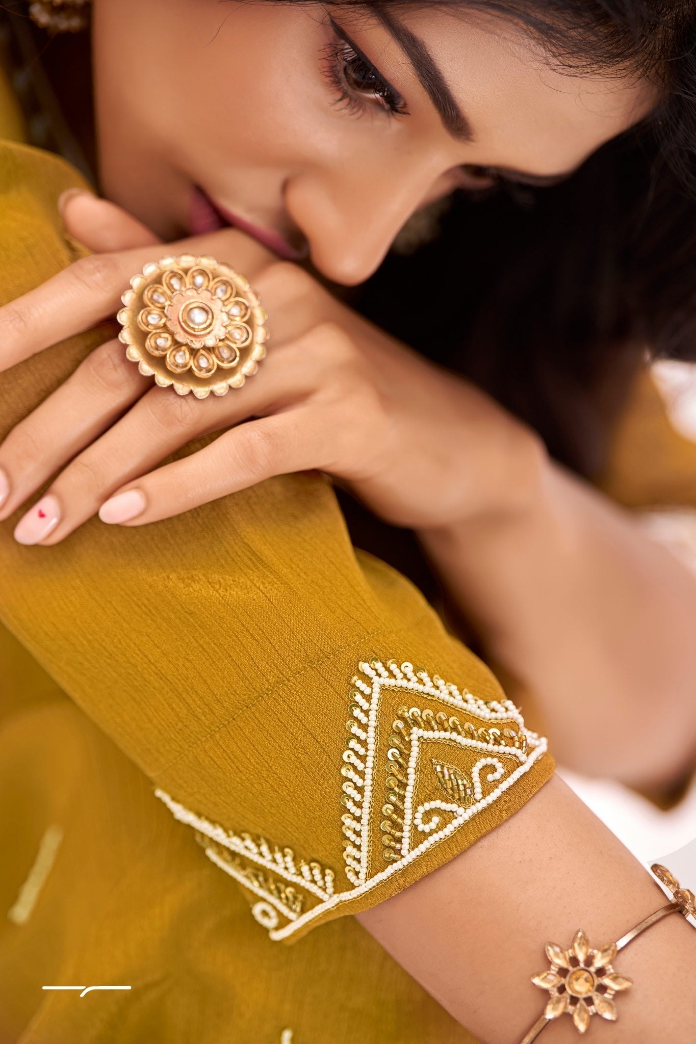 Rich Mustard Chinon Handwork Kurta Set