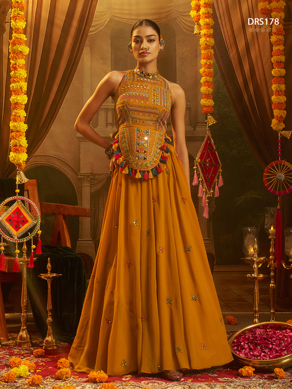 Mustard Georgette Mirror Top Plazzo Set | Tulip Designer
