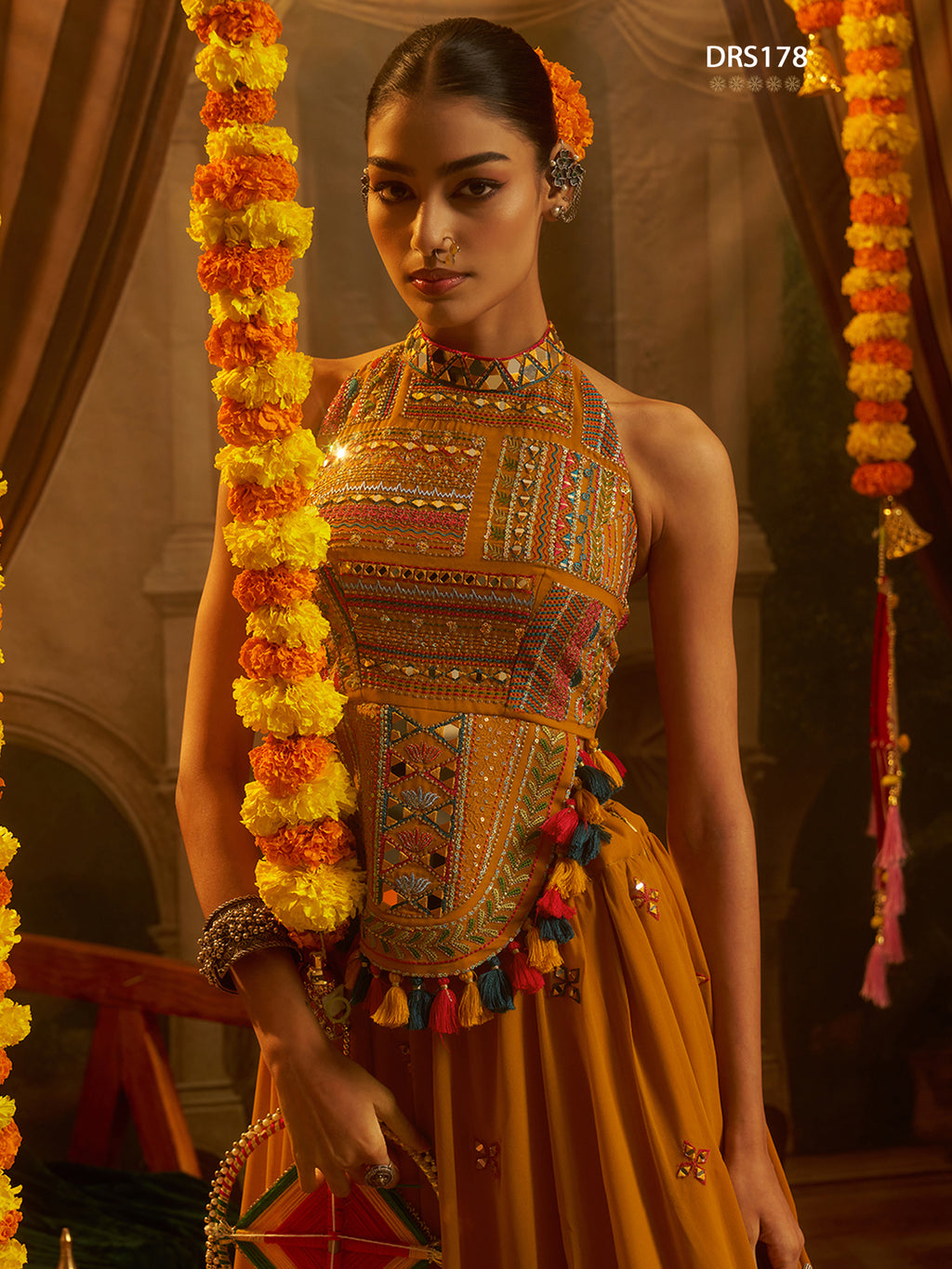 Mustard Georgette Mirror Top Plazzo Set | Tulip Designer
