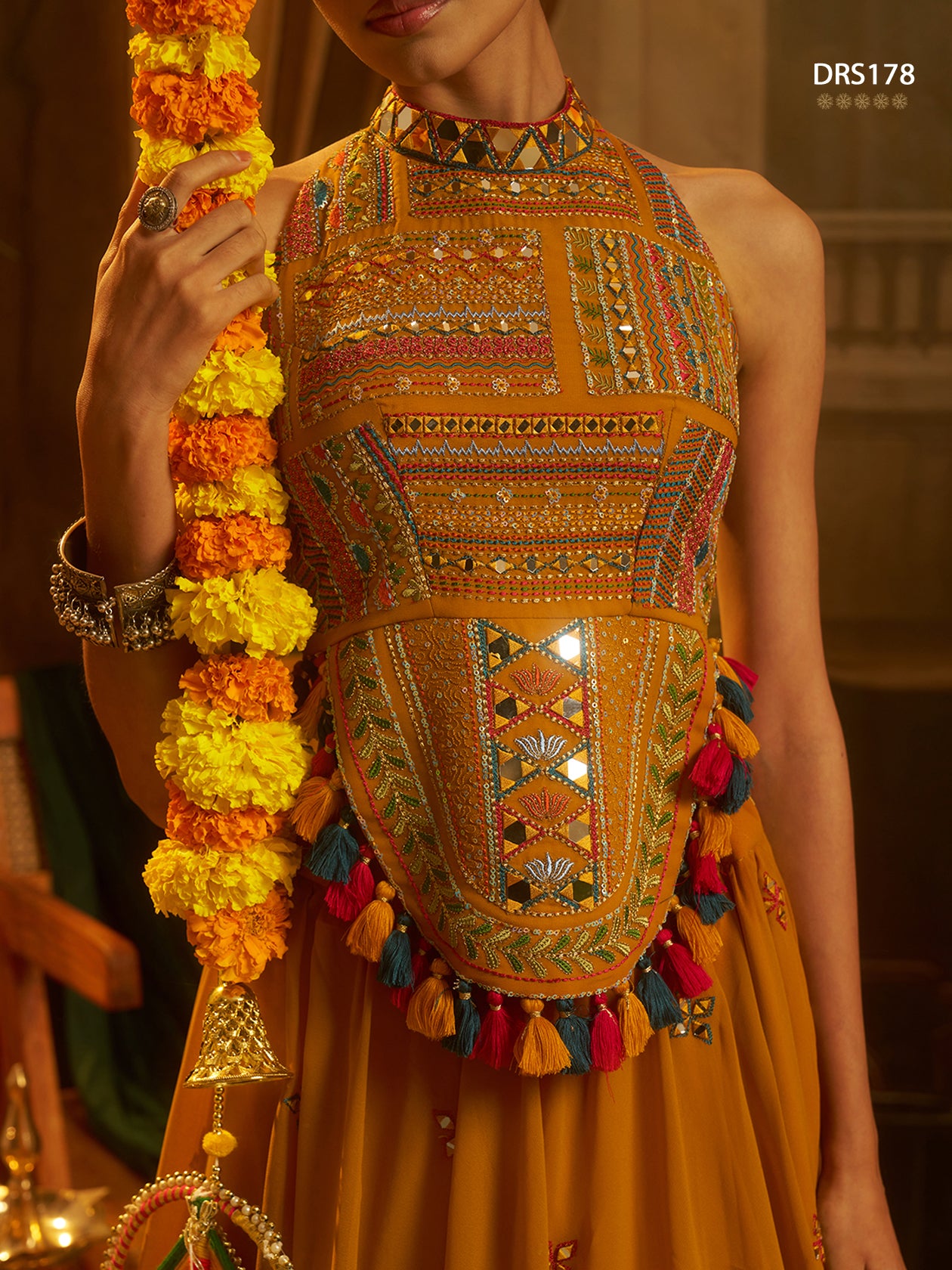 Mustard Georgette Mirror Top Plazzo Set | Tulip Designer
