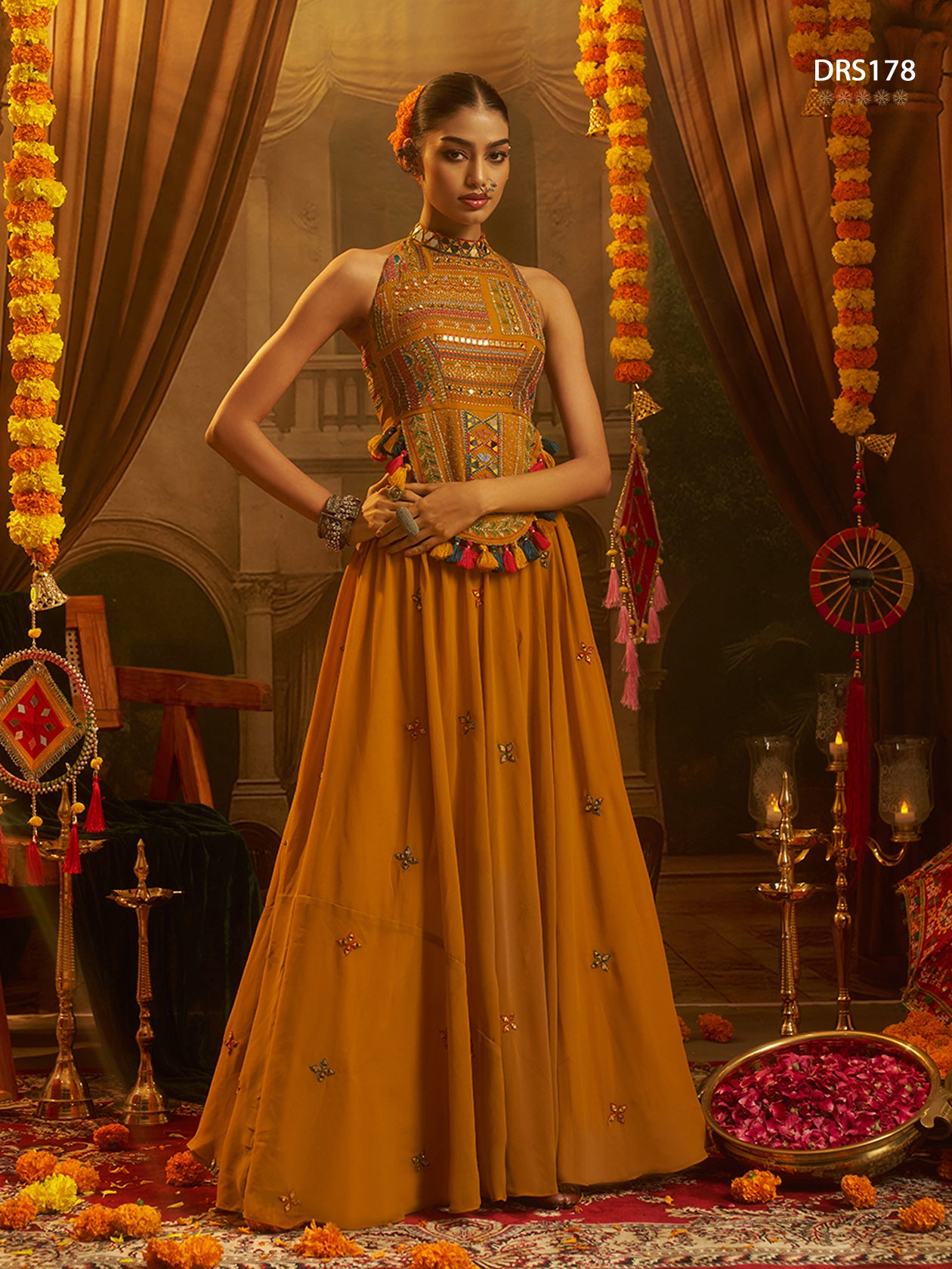 Mustard Georgette Mirror Top Plazzo Set | Tulip Designer
