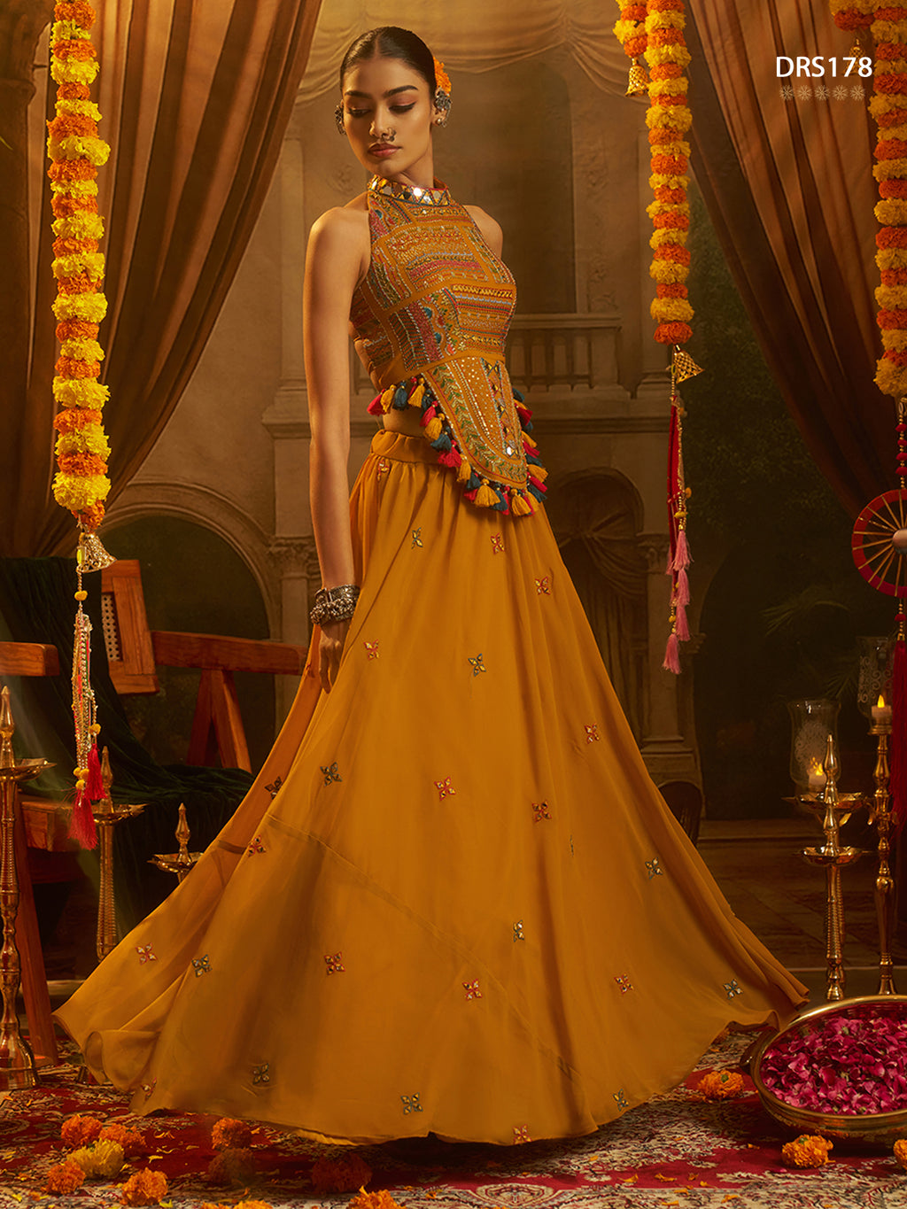 Mustard Georgette Mirror Top Plazzo Set | Tulip Designer
